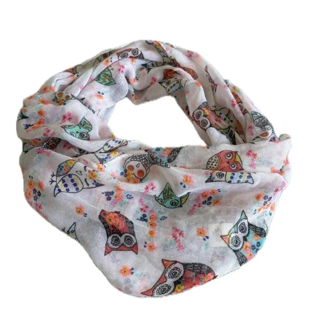 Owl Animal Print Sheer Gauze Infinity Scarf White & Neon colorful Whimsical